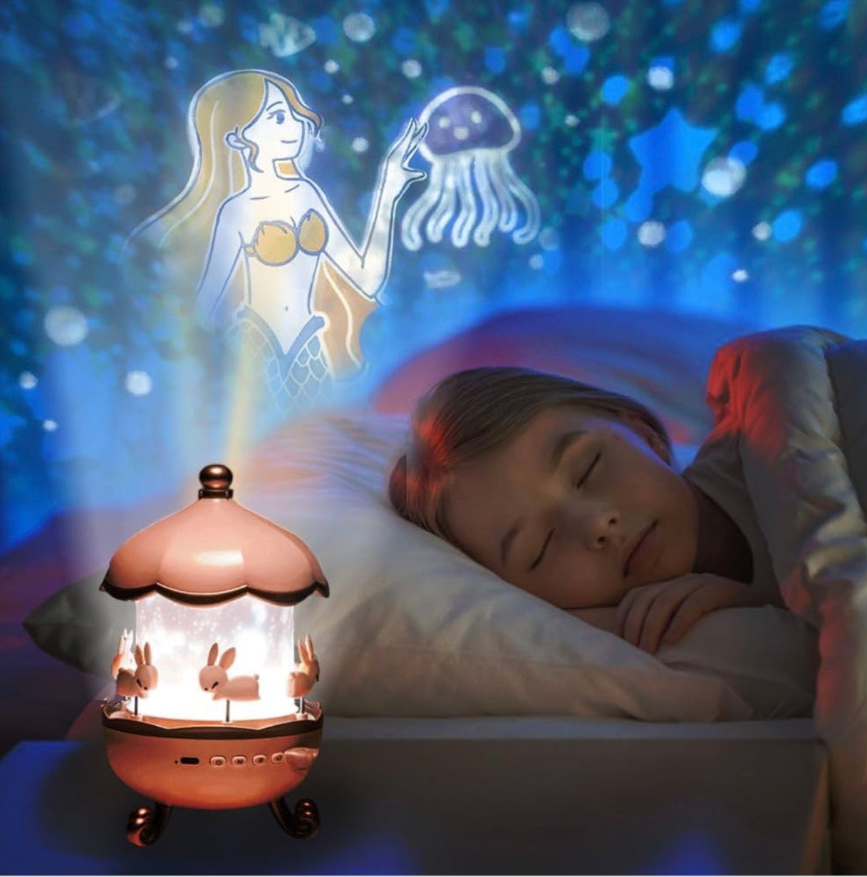 Night Projector Lamp – 360° Rotating LED Starry Light with Moon, Ocean Wave & Astronaut Effects – USB Powered for Bedroom Décor – Multicolor Gift for All Ages